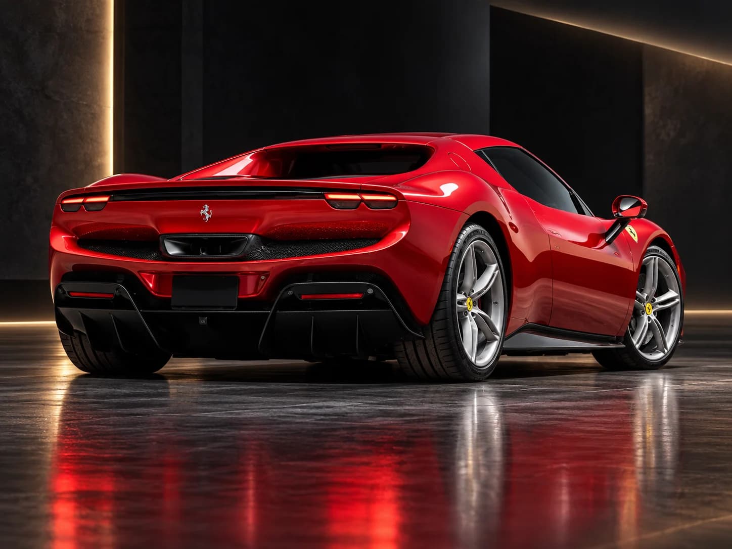2022 Ferrari 296 GTB in Rosso Imola, rear three-quarter view, illustration in a dark studio setting