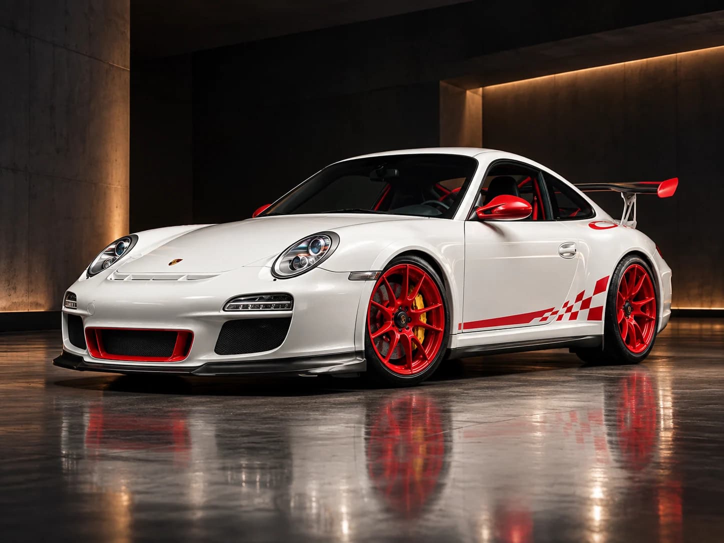 2010 Porsche 911 GT3 RS in Carrara White with Guards Red accents, front three-quarter view, illustration in a dark studio setting