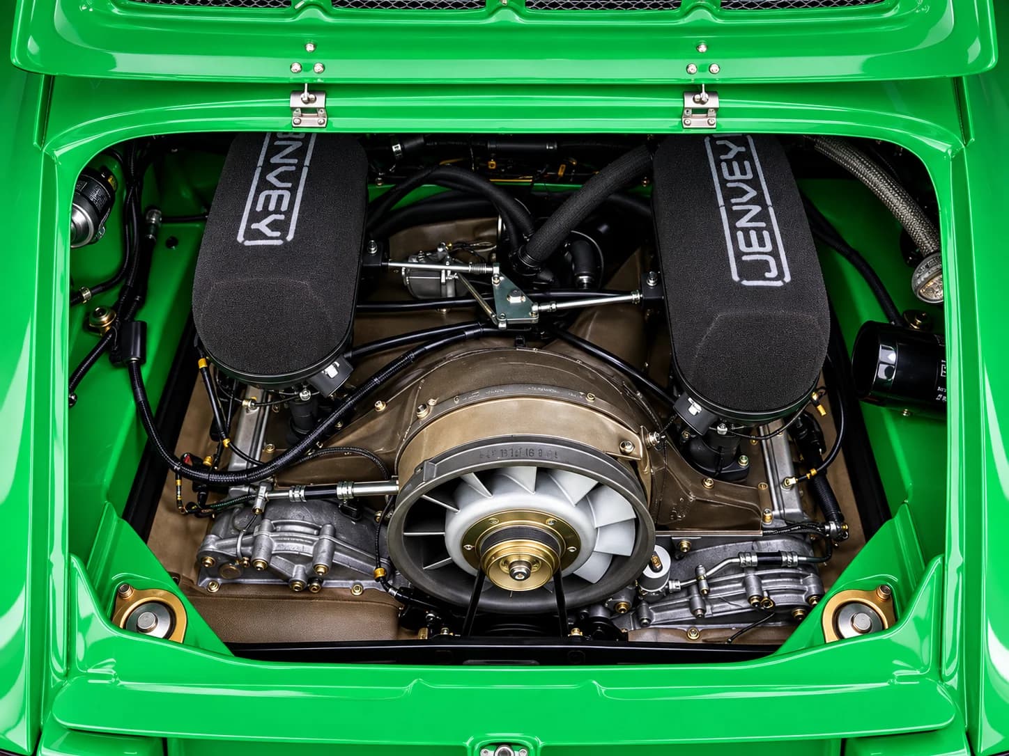 1972 Porsche 911T Coupe, RSR-style in Viper Green, engine detail, illustration in a dark studio setting