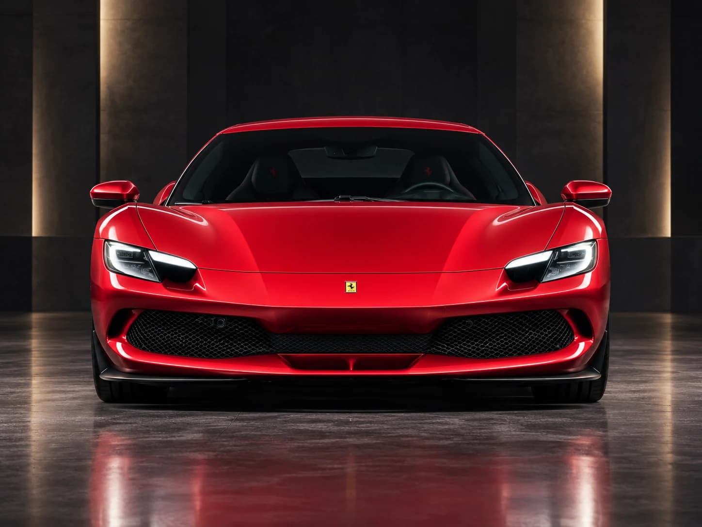 2022 Ferrari 296 GTB in Rosso Imola, front view, illustration in a dark studio setting